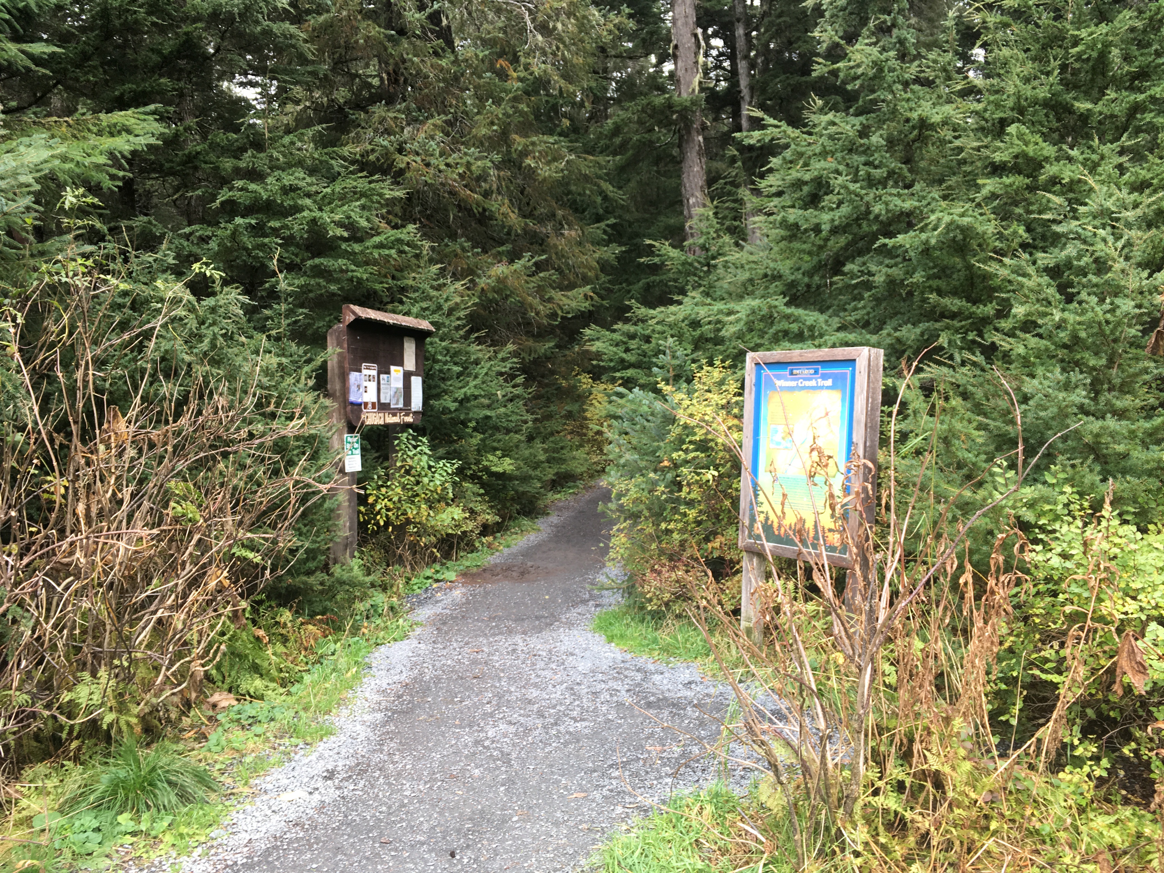The trailhead of the Winner Creek Trail. Winner Creek Trailhead